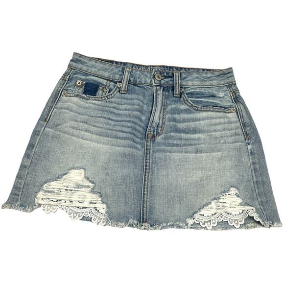 American Eagle Outfitters Dresses & Skirts - American Eagle Jean Skirt Hi-Rise Festival Mini‎ Light Wash Denim Lace Women's 0